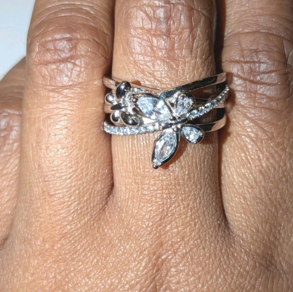 925 Sterling Silver Geometric Women Triple Band Simulated Diamond Butterfly Ring